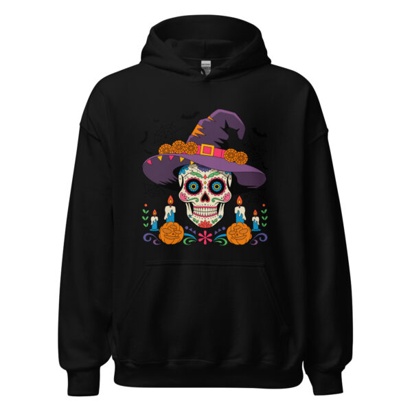 unisex black heavy blend hoodie front view with Día de los Muertos sugar skull wearing purple witch hat on chest