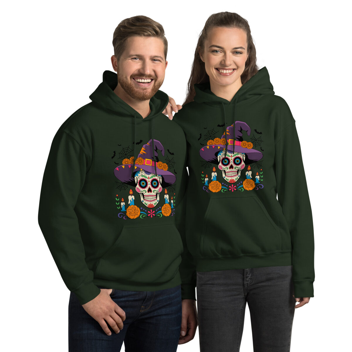 unisex forest green heavy blend hoodie with sugar skull witch graphic centered on chest front view with models