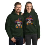 unisex forest green heavy blend hoodie with sugar skull witch graphic centered on chest front view with models