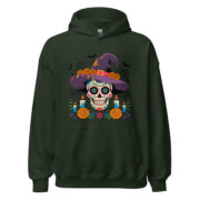 unisex forest green heavy blend hoodie front view with sugar skull witch chest print, candles, pumpkins and spiderwebs