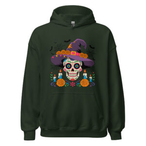 unisex forest green heavy blend hoodie front view with sugar skull witch chest print, candles, pumpkins and spiderwebs