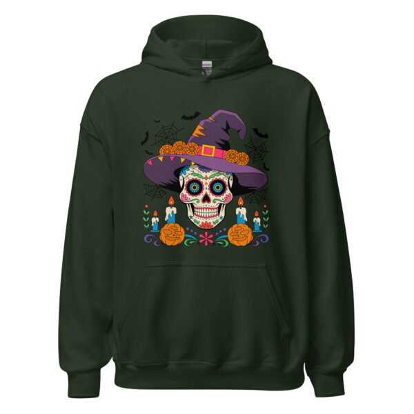 unisex forest green heavy blend hoodie front view with sugar skull witch chest print, candles, pumpkins and spiderwebs
