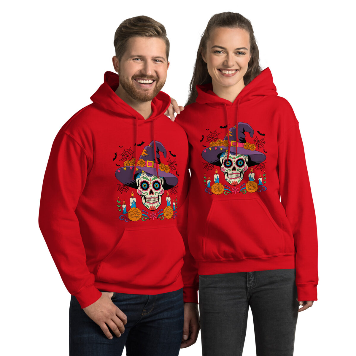 red unisex heavy blend hoodie front view featuring a colorful sugar skull witch graphic centered on the chest, unisex fit