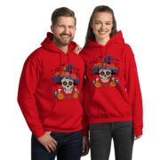 red unisex heavy blend hoodie front view featuring a colorful sugar skull witch graphic centered on the chest, unisex fit