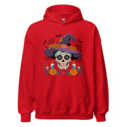 Unisex crimson red heavy blend hoodie front view flat lay with centered sugar skull witch graphic, candles, pumpkins and bats