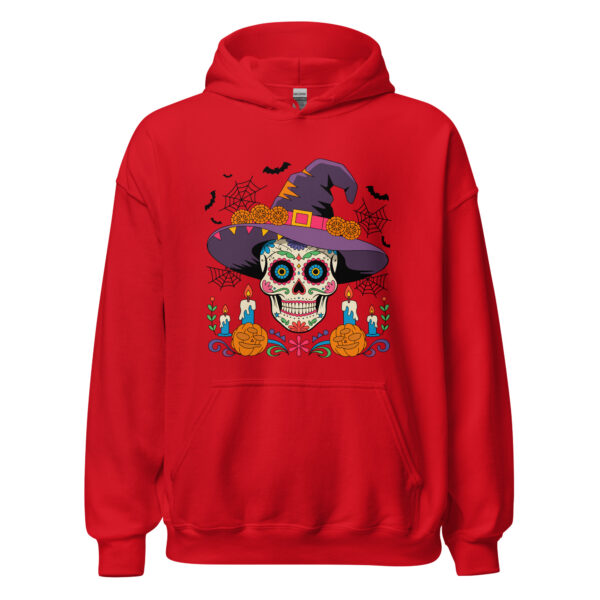Unisex crimson red heavy blend hoodie front view flat lay with centered sugar skull witch graphic, candles, pumpkins and bats