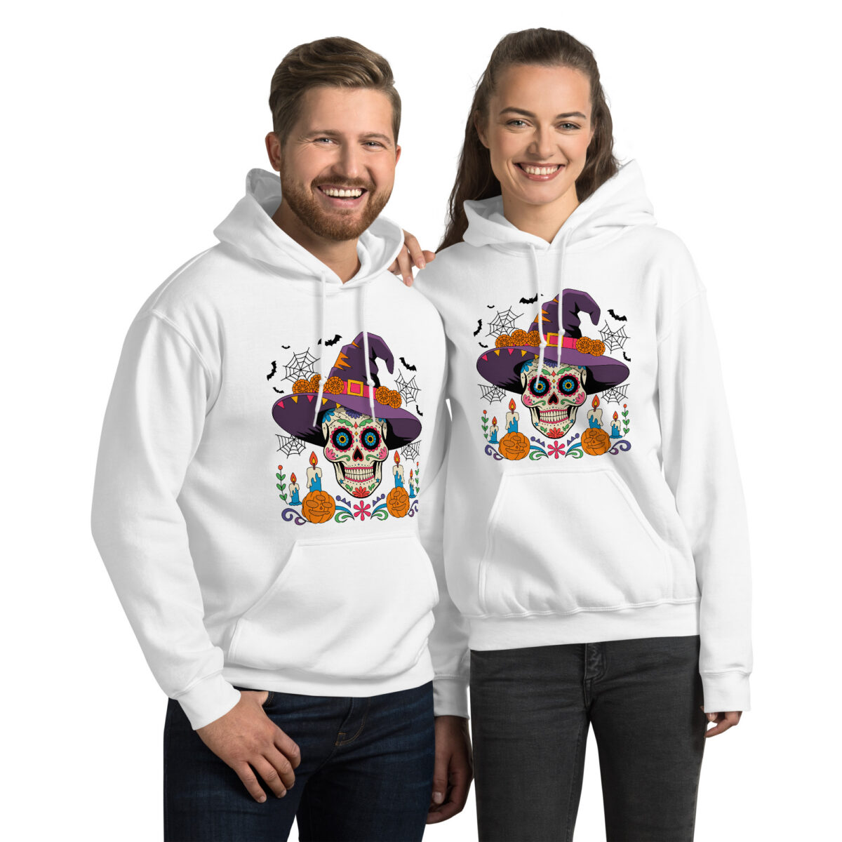 white unisex heavy blend hoodie front view featuring a sugar skull witch graphic centered on the chest, classic fit