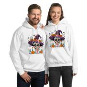 white unisex heavy blend hoodie front view featuring a sugar skull witch graphic centered on the chest, classic fit