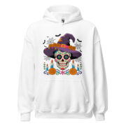 White unisex heavy blend hoodie front view with sugar skull witch chest design plus pumpkins, candles and spiderweb accents